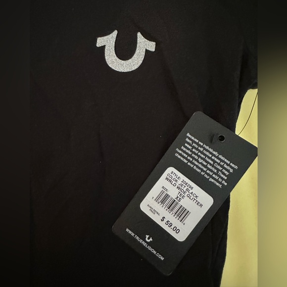 True Religion Women GLITTER WORLD WIDE LOGO TEE XS NWT Black/Orange - Picture 9 of 10